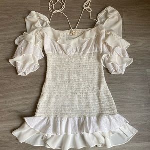 White ruched ruffle dress